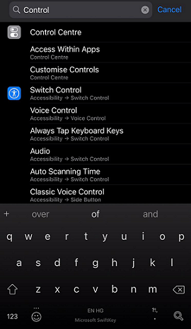 Searching for Control Centre in Settings