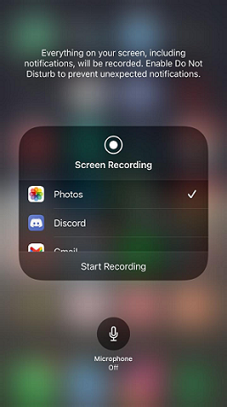 Toggling on the microphone and tapping on Start Recording