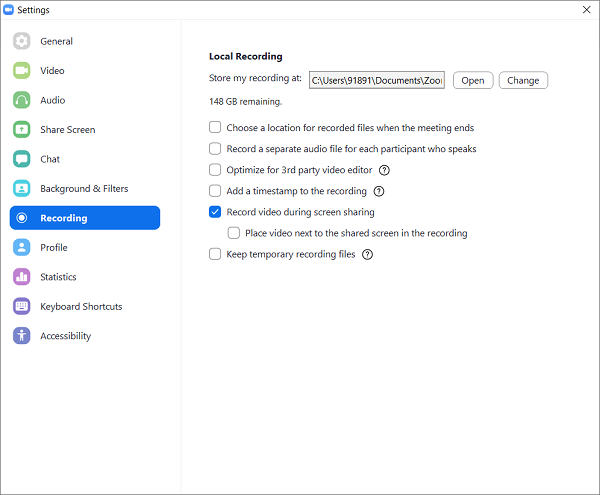 Recording Settings in Zoom