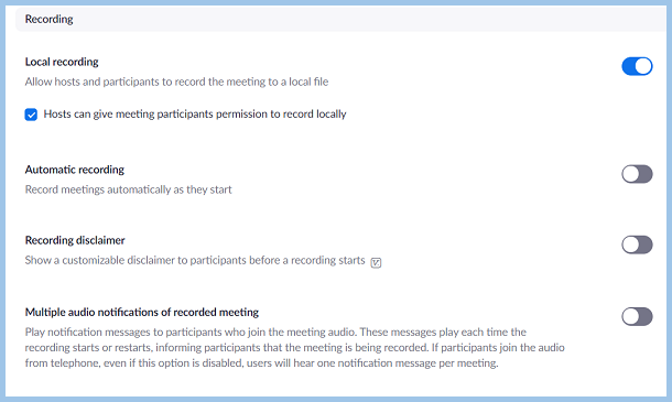 Recording settings in Zoom